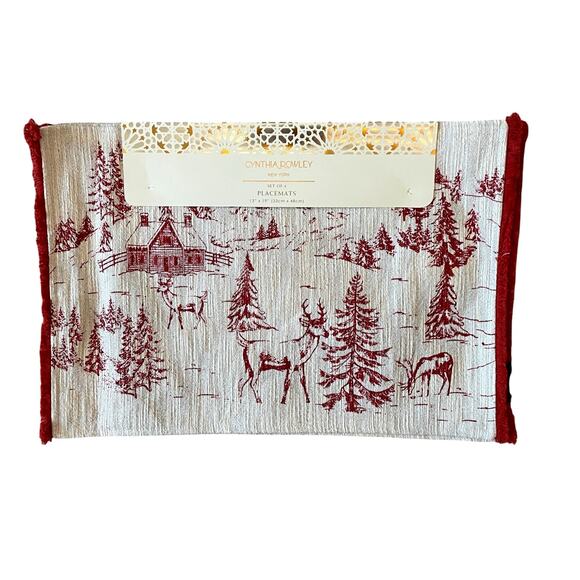 4pc Cynthia Rowley Winter Forest Christmas Placemats 13x19 Holiday Red Sparkle - Picture 5 of 12
